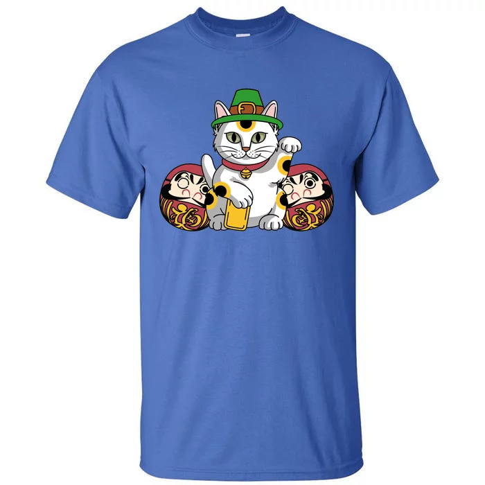 Japanese Daruma Doll Eki Neko Cat In St Patrick's Hat Great Gift Tall T-Shirt