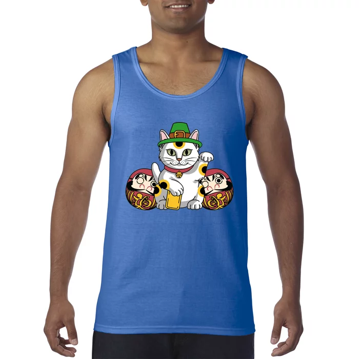 Japanese Daruma Doll Eki Neko Cat In St Patrick's Hat Great Gift Tank Top