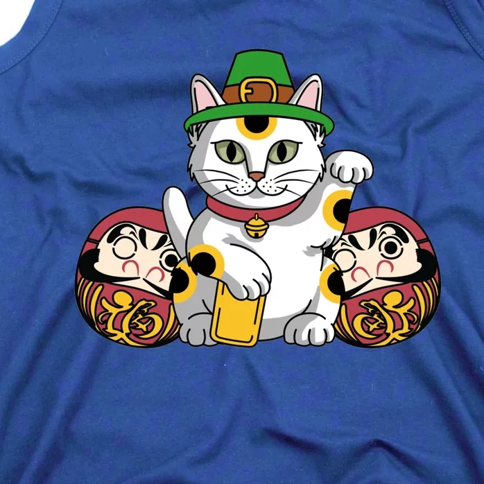 Japanese Daruma Doll Eki Neko Cat In St Patrick's Hat Great Gift Tank Top