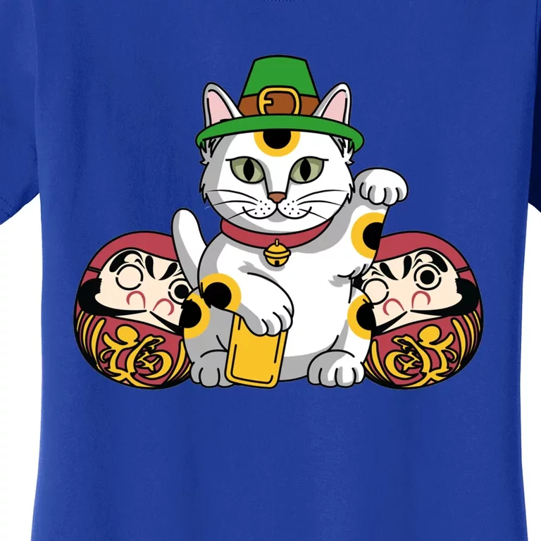 Japanese Daruma Doll Eki Neko Cat In St Patrick's Hat Great Gift Women's T-Shirt