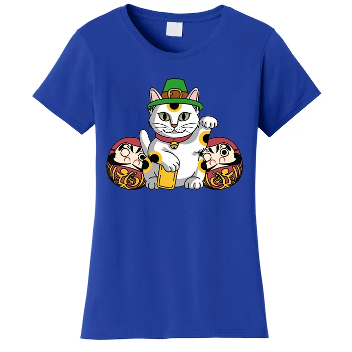 Japanese Daruma Doll Eki Neko Cat In St Patrick's Hat Great Gift Women's T-Shirt