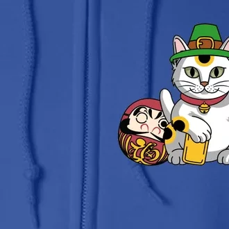 Japanese Daruma Doll Eki Neko Cat In St Patrick's Hat Great Gift Full Zip Hoodie