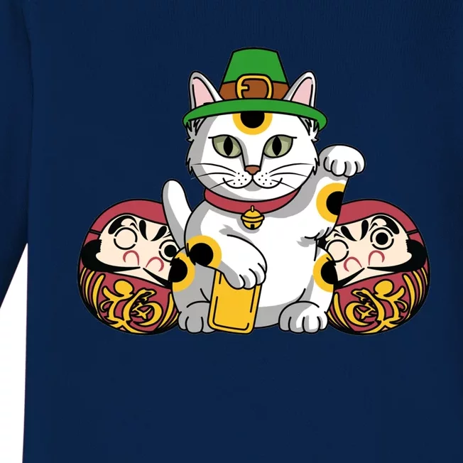 Japanese Daruma Doll Eki Neko Cat In St Patrick's Hat Great Gift Baby Long Sleeve Bodysuit