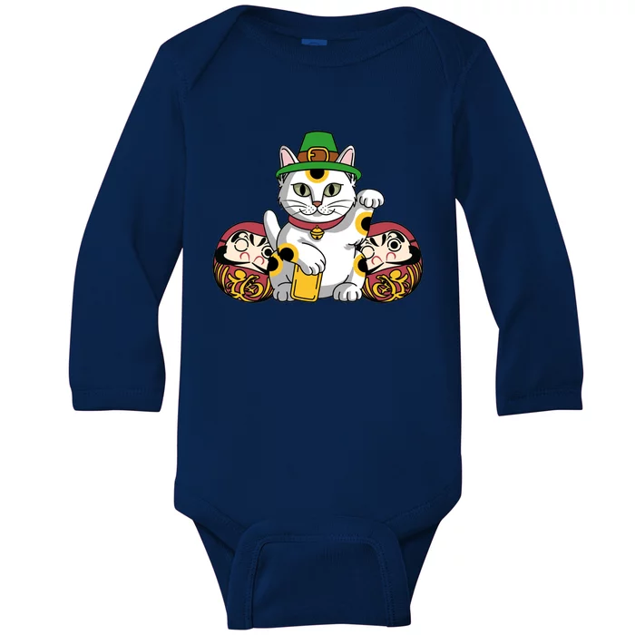 Japanese Daruma Doll Eki Neko Cat In St Patrick's Hat Great Gift Baby Long Sleeve Bodysuit