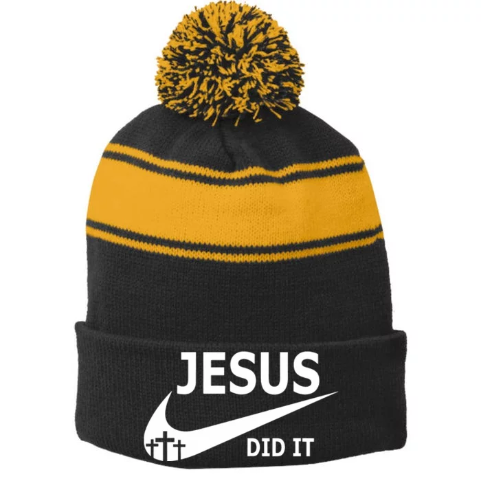 Jesus Did It Faith Cross Christian Stripe Pom Pom Beanie