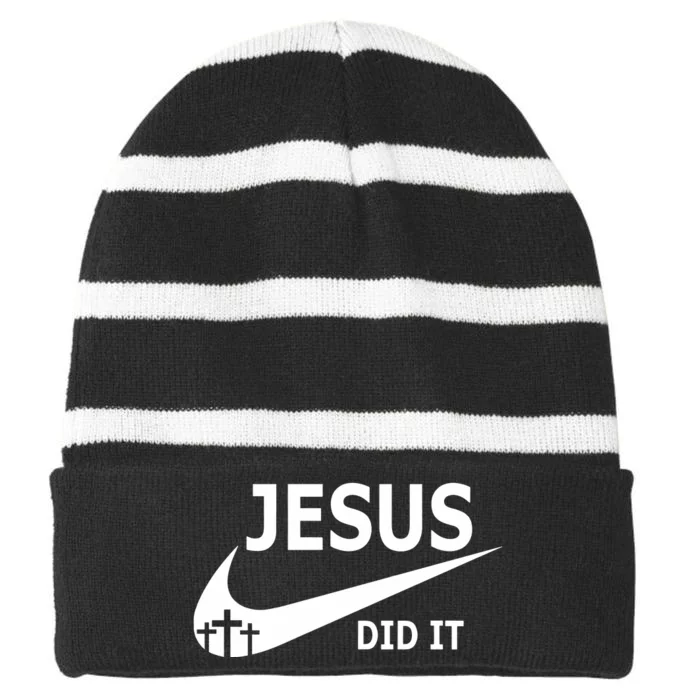 Jesus Did It Faith Cross Christian Striped Beanie with Solid Band