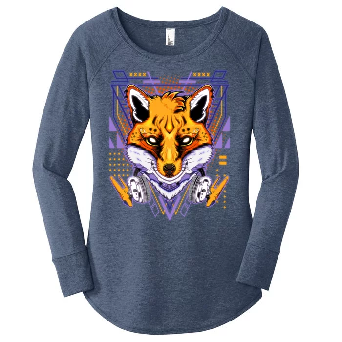 Japanese Digital Kitune Fox With Headphone Women's Perfect Tri Tunic Long Sleeve Shirt