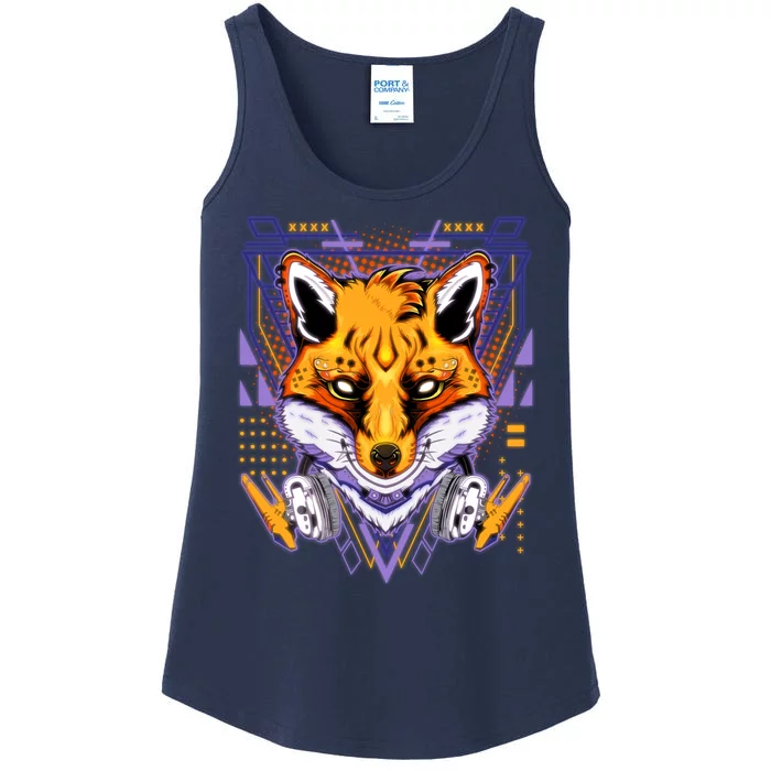 Japanese Digital Kitune Fox With Headphone Ladies Essential Tank