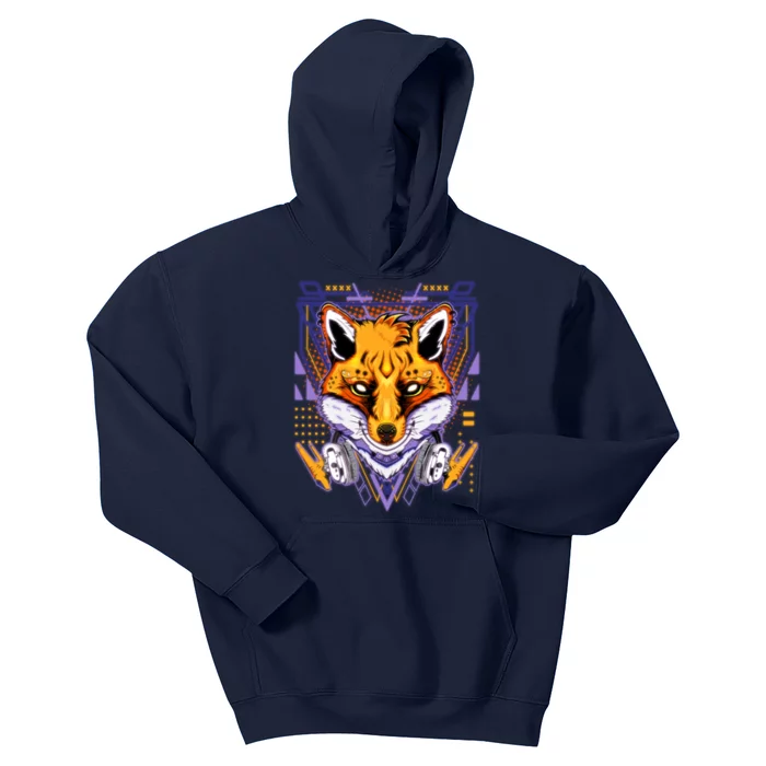 Japanese Digital Kitune Fox With Headphone Kids Hoodie