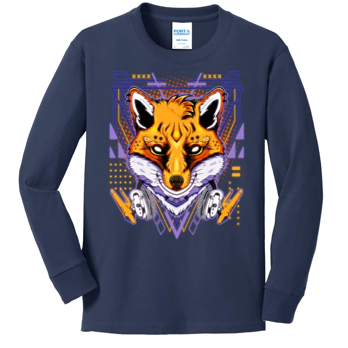 Japanese Digital Kitune Fox With Headphone Kids Long Sleeve Shirt