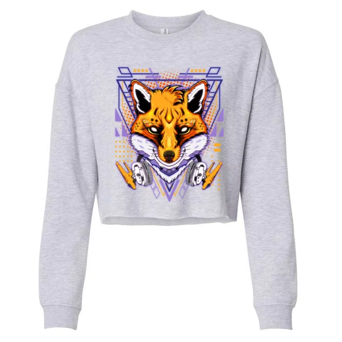 Japanese Digital Kitune Fox With Headphone Cropped Pullover Crew