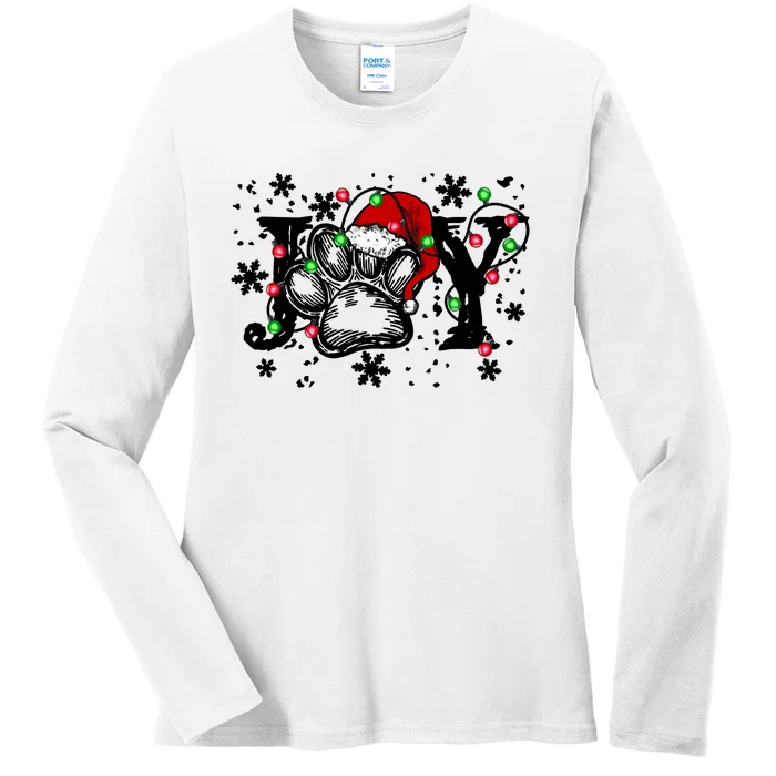 Joy Dog Paw Print Merry Christmas Dog Lover Gift Ladies Long Sleeve Shirt