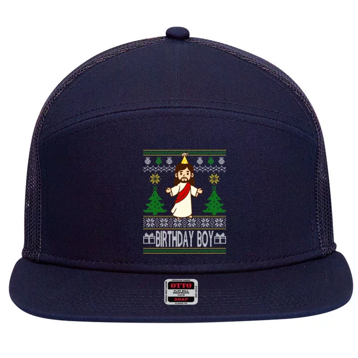 Jesus Birthday Boy Ugly Christmas 7 Panel Mesh Trucker Snapback Hat