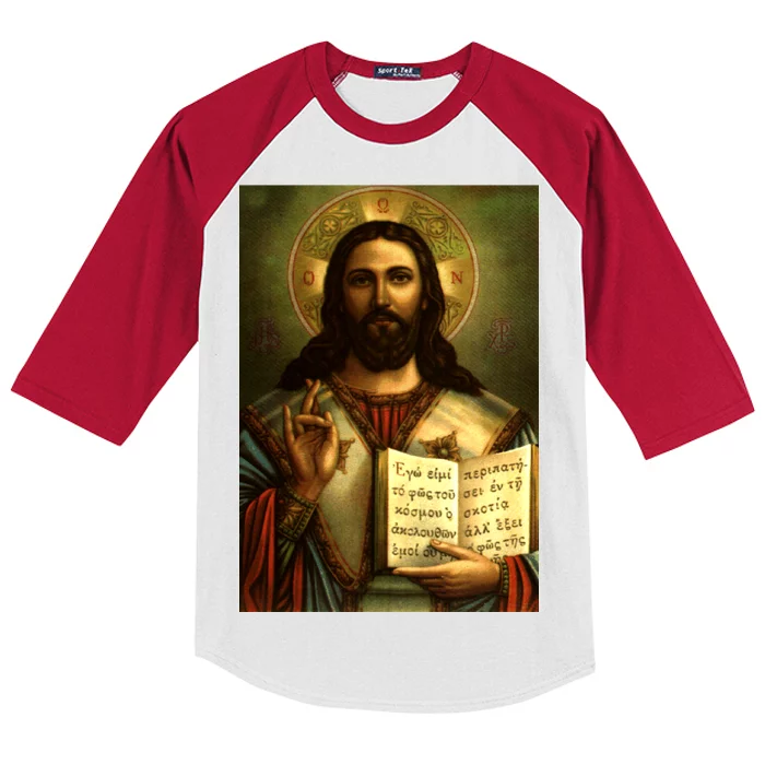 Jesus Christ Religious Photo Kids Colorblock Raglan Jersey