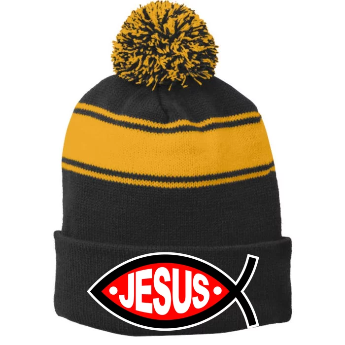 Jesus Christian Fish Symbol Stripe Pom Pom Beanie