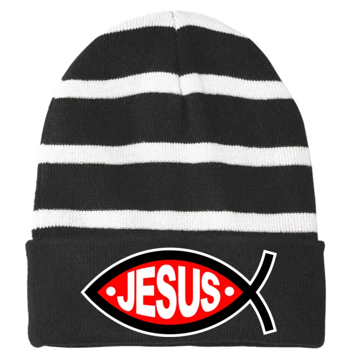 Jesus Christian Fish Symbol Striped Beanie with Solid Band