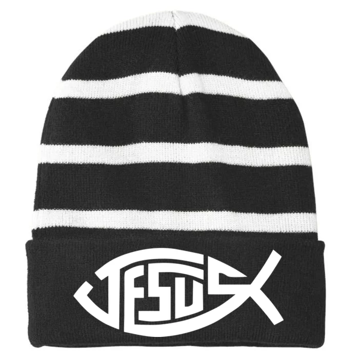 Jesus Fish Logo Striped Beanie with Solid Band