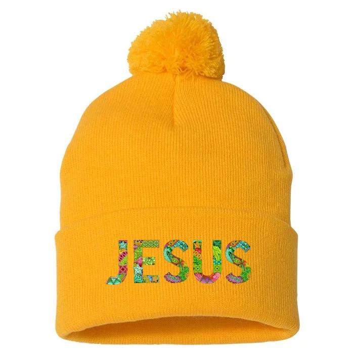 Jesus Hand Painted Word Art Pom Pom 12in Knit Beanie