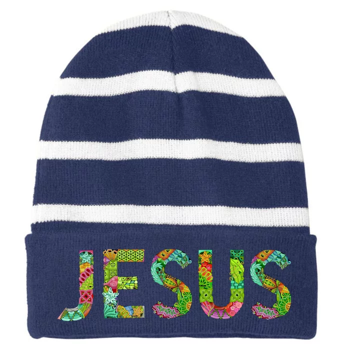 Jesus Hand Painted Word Art Striped Beanie with Solid Band