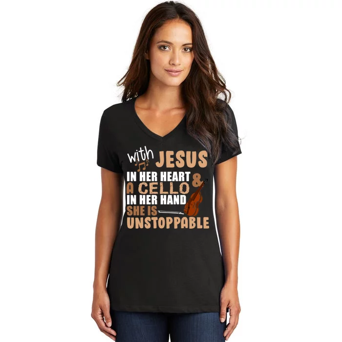 Jesus In Her Heart Cello In Her Hand Women's V-Neck T-Shirt