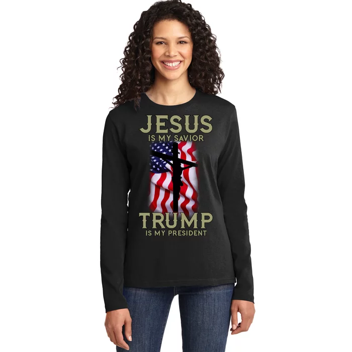 Jesus Is My Savior Trump Is My President American Cross Ladies Long Sleeve Shirt