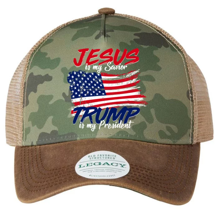 Jesus Is My Savior Trump Is My President USA Flag Legacy Tie Dye Trucker Hat