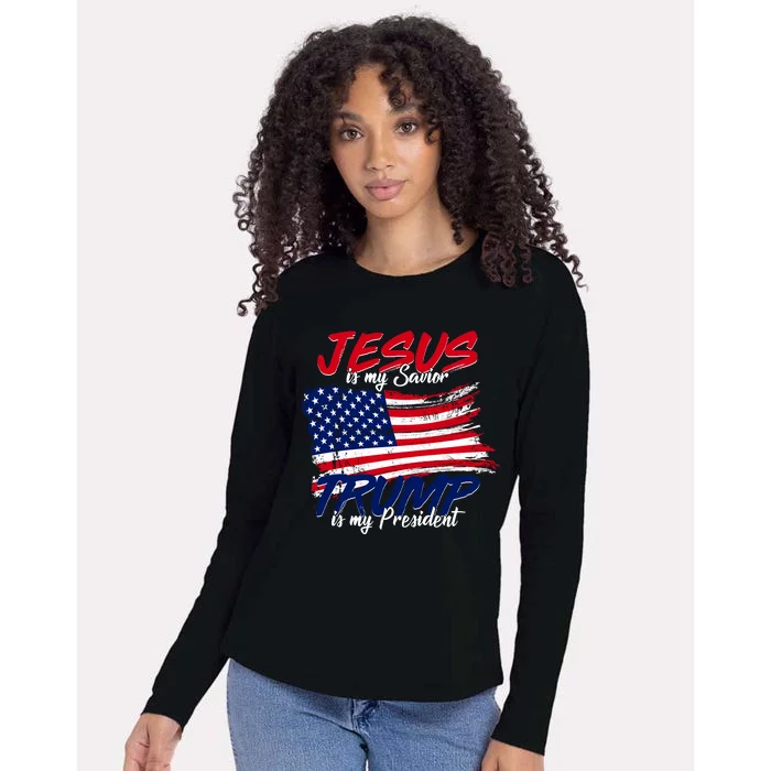 Jesus Is My Savior Trump Is My President USA Flag Womens Cotton Relaxed Long Sleeve T-Shirt