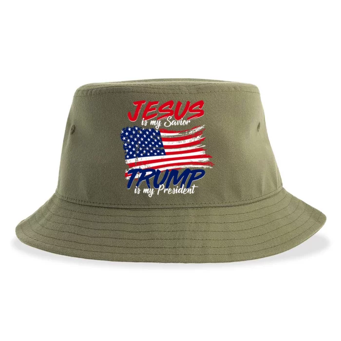 Jesus Is My Savior Trump Is My President USA Flag Sustainable Bucket Hat