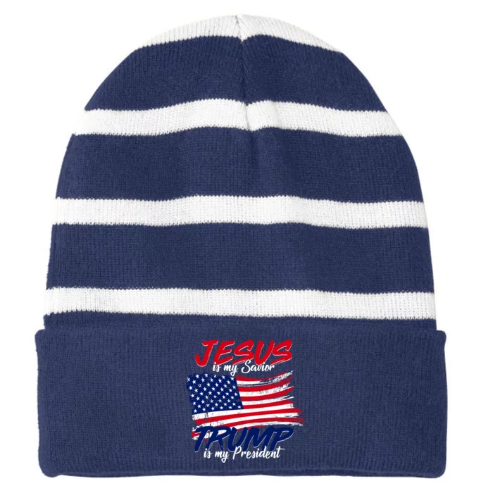 Jesus Is My Savior Trump Is My President USA Flag Striped Beanie with Solid Band