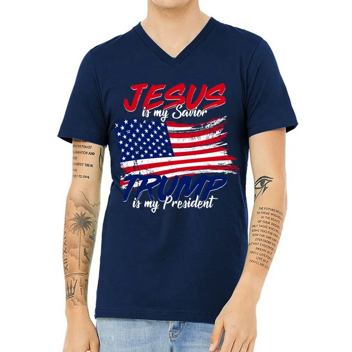 Jesus Is My Savior Trump Is My President USA Flag V-Neck T-Shirt