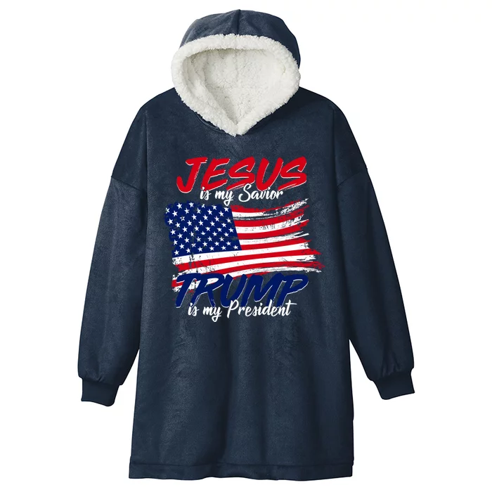 Jesus Is My Savior Trump Is My President USA Flag Hooded Wearable Blanket