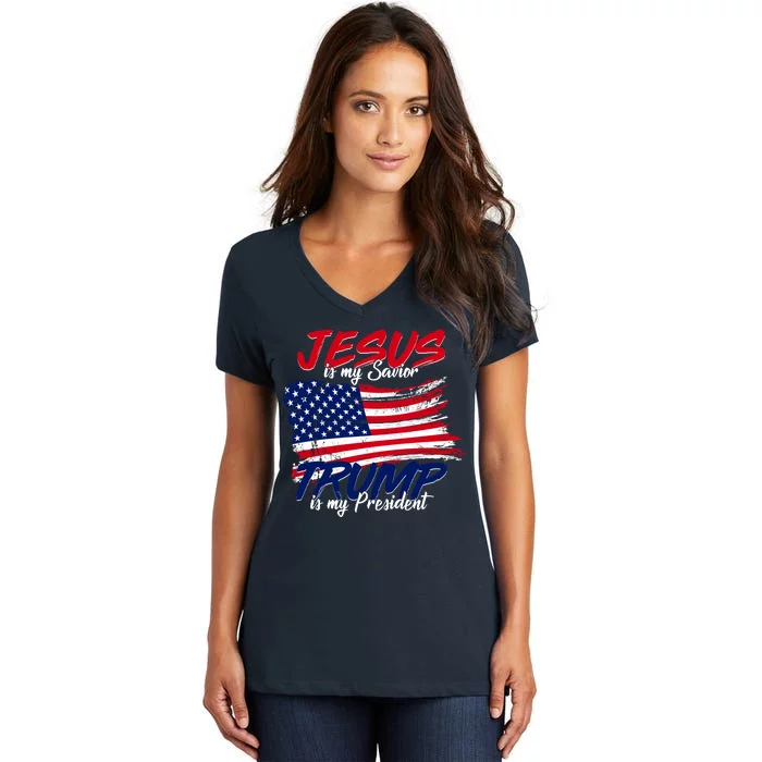 Jesus Is My Savior Trump Is My President USA Flag Women's V-Neck T-Shirt