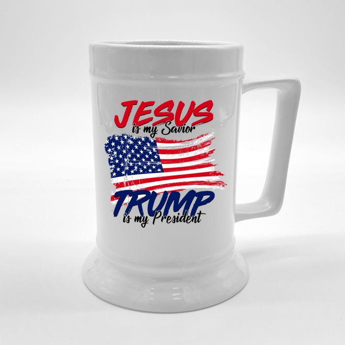 Jesus Is My Savior Trump Is My President USA Flag Front & Back Beer Stein