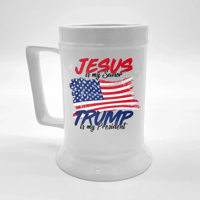 Jesus Is My Savior Trump Is My President USA Flag Front & Back Beer Stein