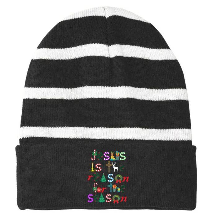 Jesus Is The Reason For The Season Christmas Striped Beanie with Solid Band