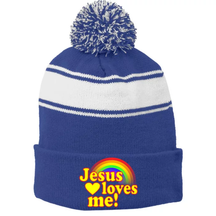 Jesus Loves Me Cool Rainbow Stripe Pom Pom Beanie