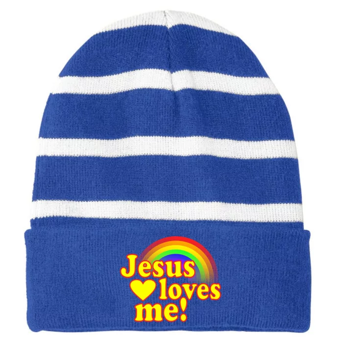 Jesus Loves Me Cool Rainbow Striped Beanie with Solid Band