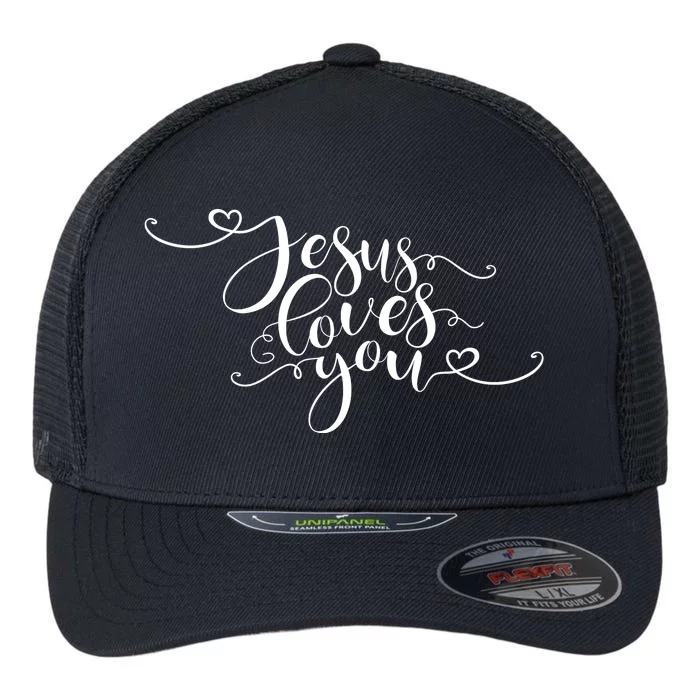 Jesus Loves You Cursive Style Flexfit Unipanel Trucker Cap