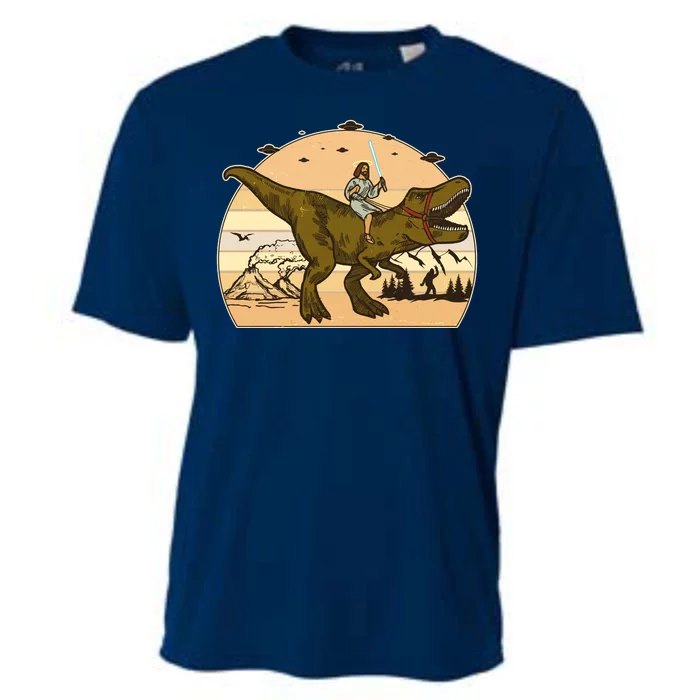 Jesus Riding T-Rex Dinosaur Funny Vintage Cooling Performance Crew T-Shirt