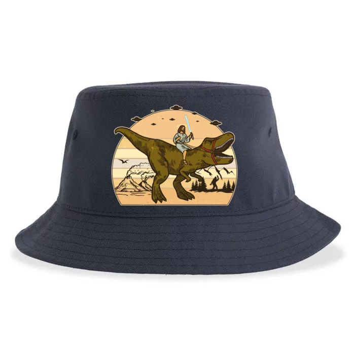 Jesus Riding T-Rex Dinosaur Funny Vintage Sustainable Bucket Hat