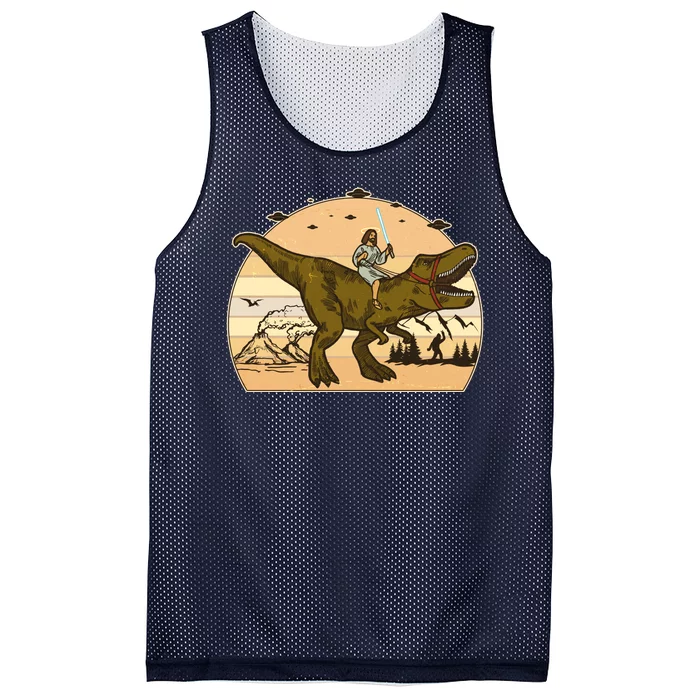 Jesus Riding T-Rex Dinosaur Funny Vintage Mesh Reversible Basketball Jersey Tank