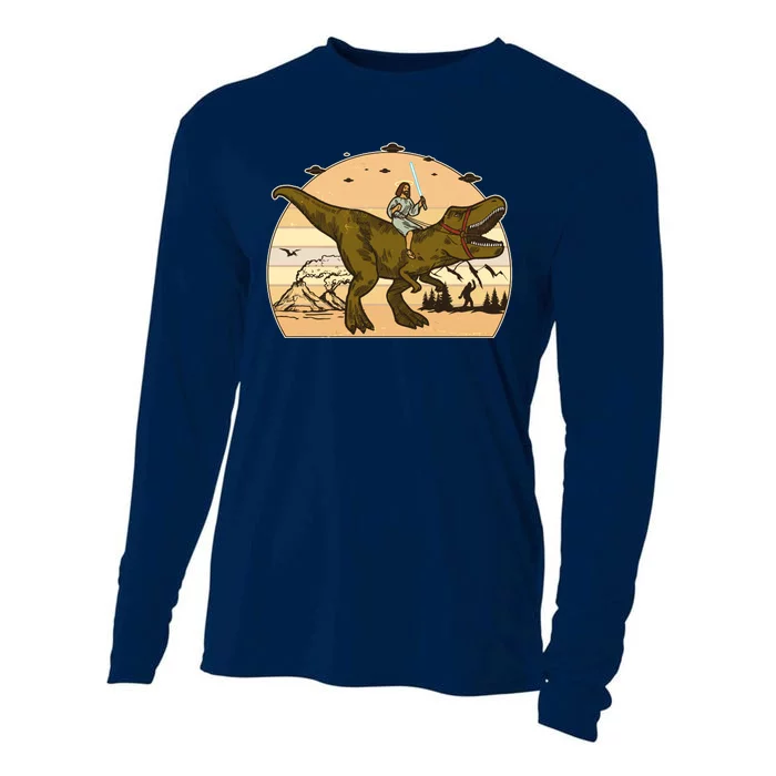 Jesus Riding T-Rex Dinosaur Funny Vintage Cooling Performance Long Sleeve Crew