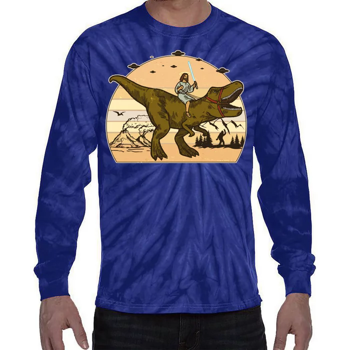 Jesus Riding T-Rex Dinosaur Funny Vintage Tie-Dye Long Sleeve Shirt