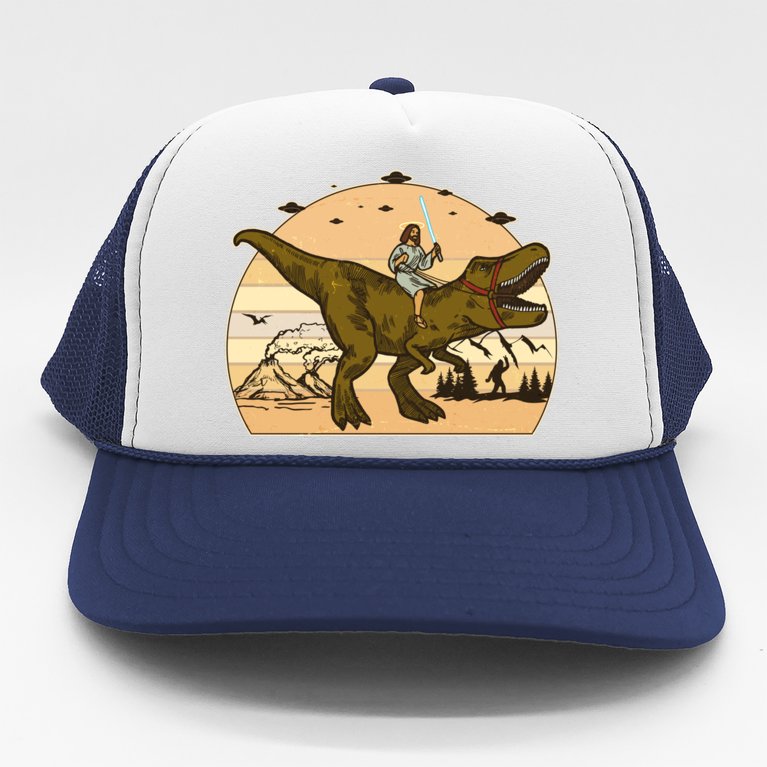Jesus Riding T-Rex Dinosaur Funny Vintage Trucker Hat