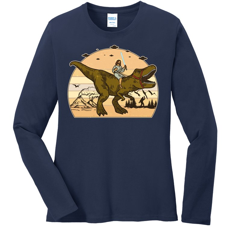 Jesus Riding T-Rex Dinosaur Funny Vintage Ladies Missy Fit Long Sleeve Shirt