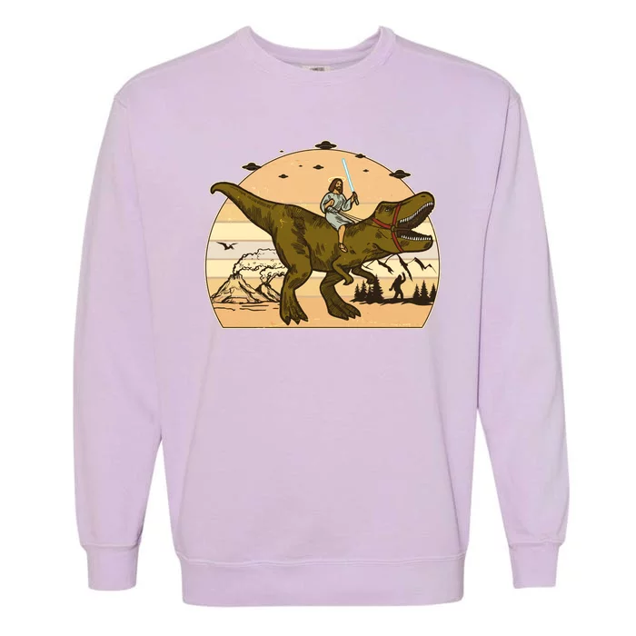 Jesus Riding T-Rex Dinosaur Funny Vintage Garment-Dyed Sweatshirt