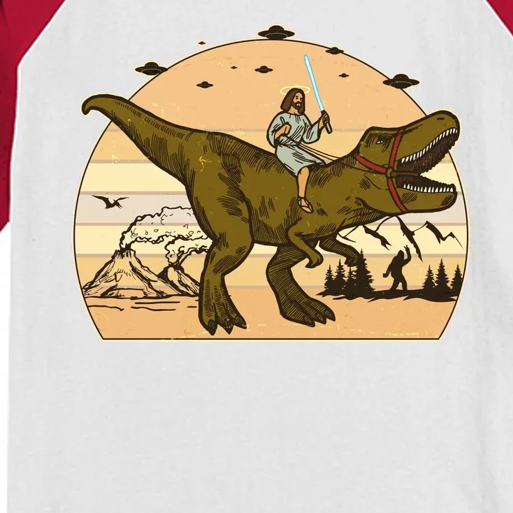 Jesus Riding T-Rex Dinosaur Funny Vintage Kids Colorblock Raglan Jersey