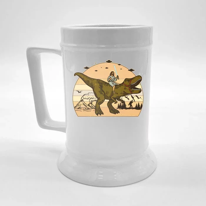 Jesus Riding T-Rex Dinosaur Funny Vintage Front & Back Beer Stein