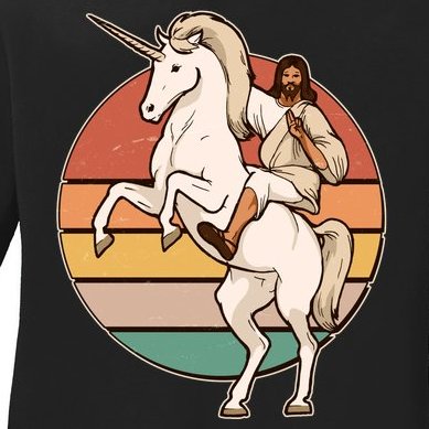 Jesus Riding Unicorn Funny Vintage Ladies Missy Fit Long Sleeve Shirt