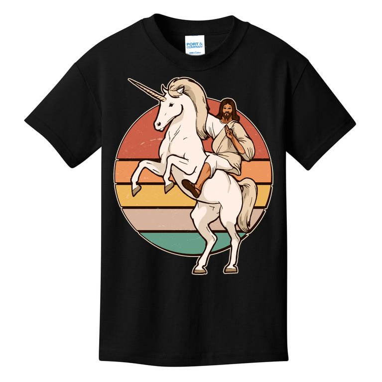 Jesus Riding Unicorn Funny Vintage Kids T-Shirt